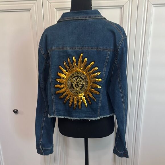 Allegra K Blue Denim Jacket with Gold Medusa Patch - Picture 1 of 7
